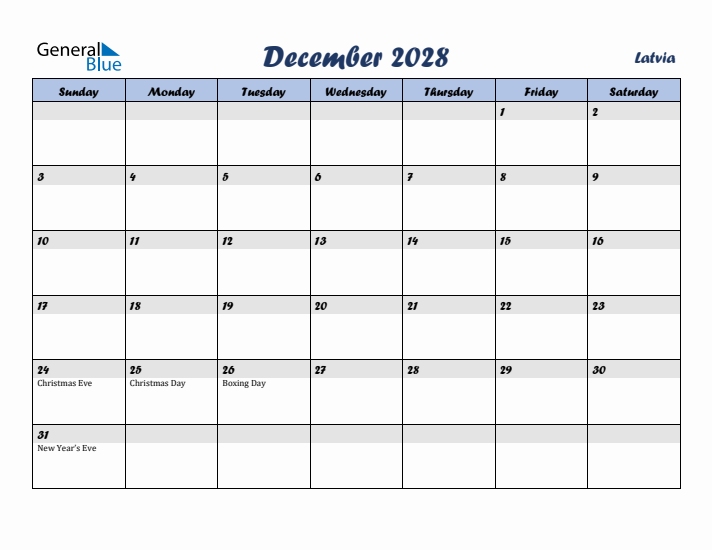 December 2028 Calendar with Holidays in Latvia