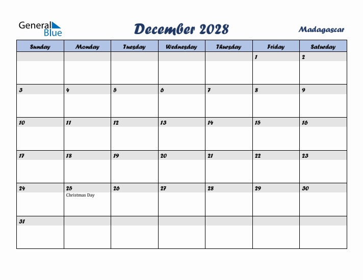 December 2028 Calendar with Holidays in Madagascar