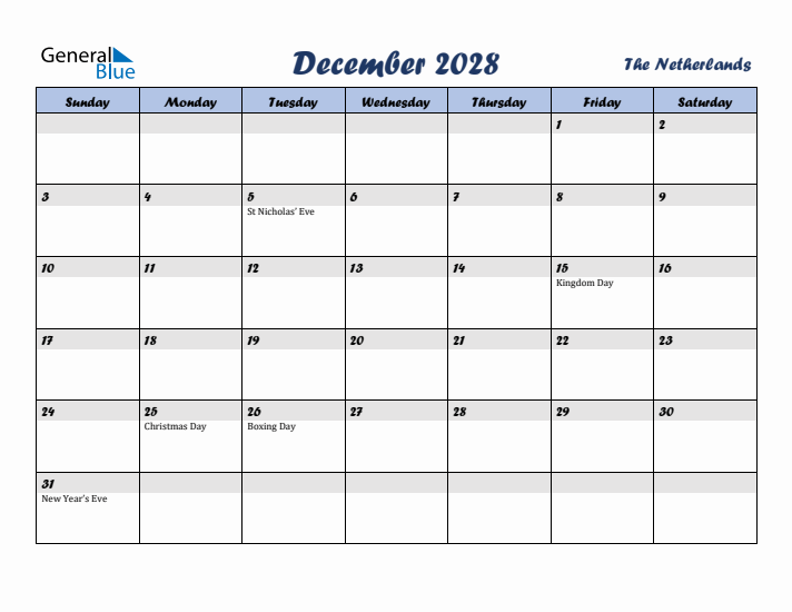 December 2028 Calendar with Holidays in The Netherlands