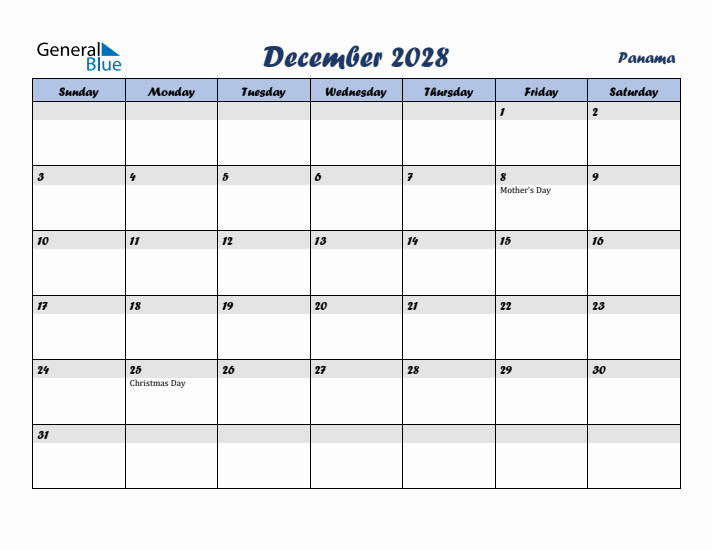 December 2028 Calendar with Holidays in Panama