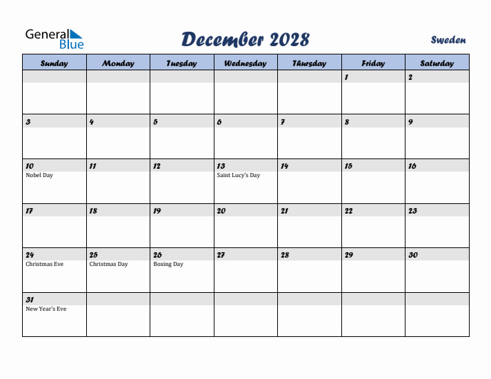 December 2028 Calendar with Holidays in Sweden