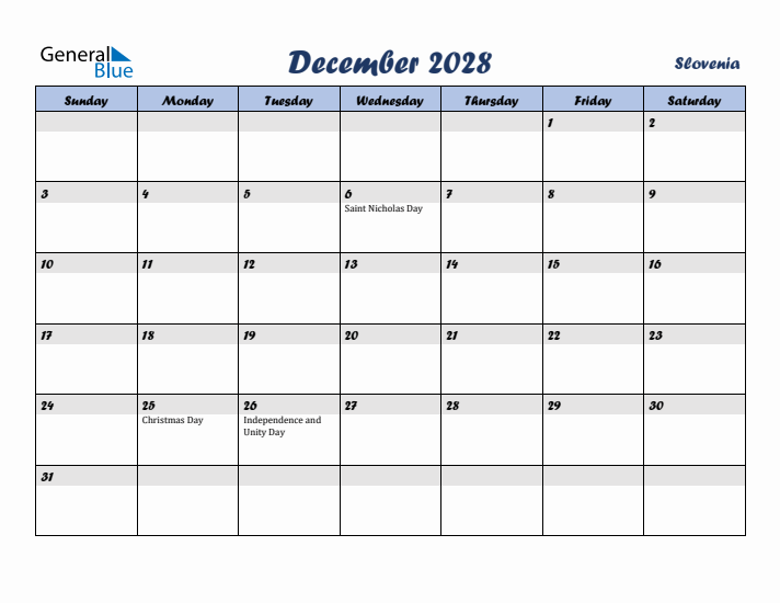 December 2028 Calendar with Holidays in Slovenia