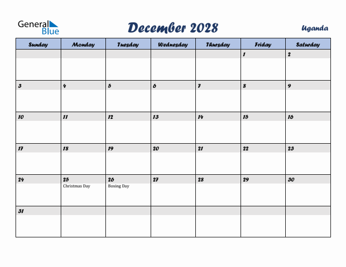 December 2028 Calendar with Holidays in Uganda