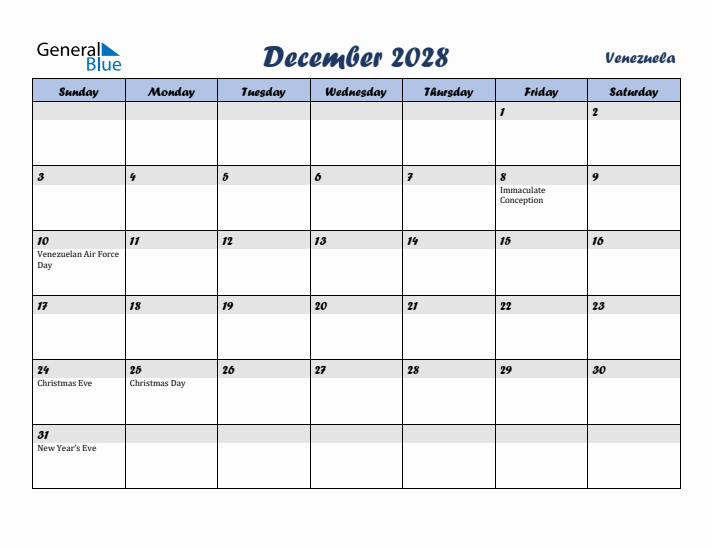 December 2028 Calendar with Holidays in Venezuela