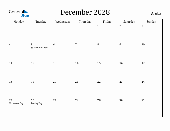 December 2028 Calendar Aruba