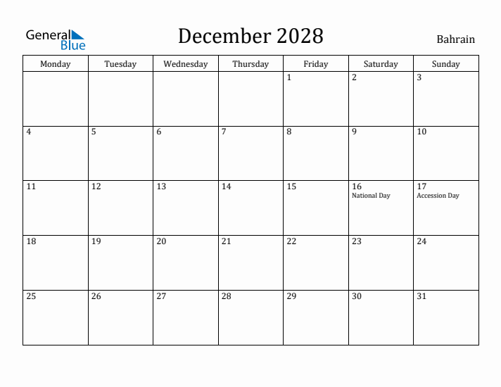 December 2028 Calendar Bahrain