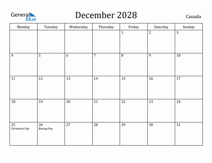 December 2028 Calendar Canada