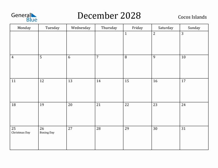 December 2028 Calendar Cocos Islands