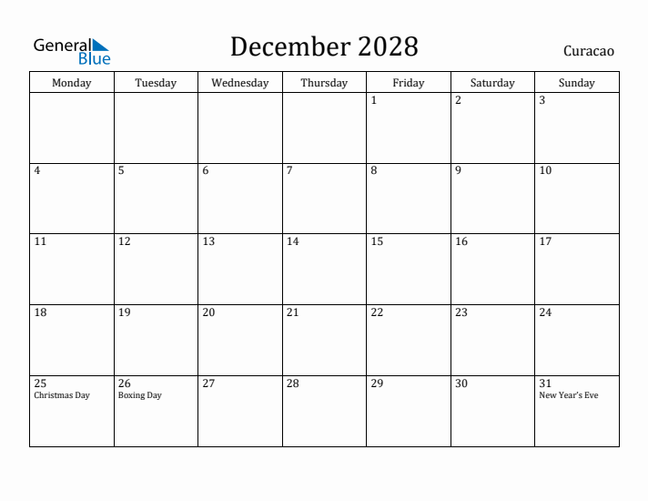 December 2028 Calendar Curacao