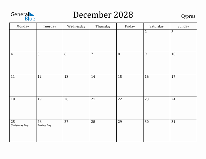 December 2028 Calendar Cyprus