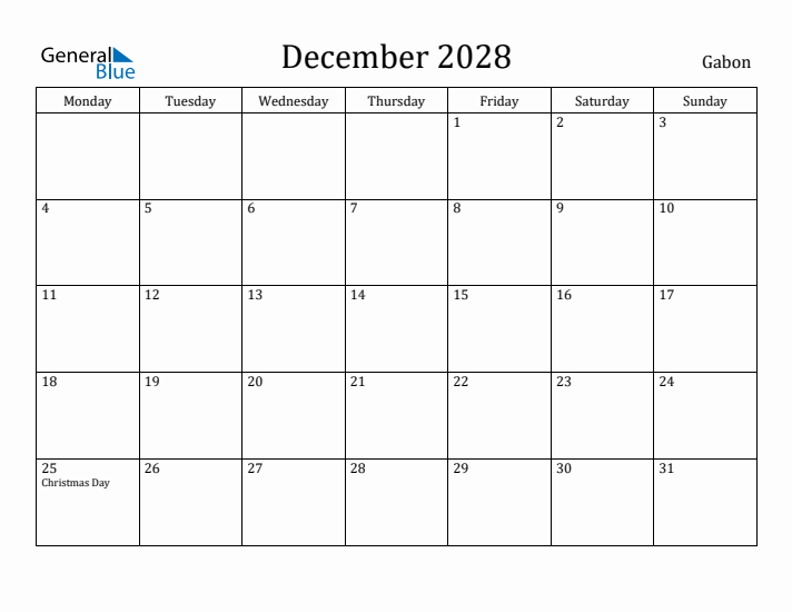 December 2028 Calendar Gabon