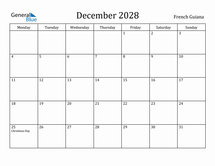 December 2028 Calendar French Guiana