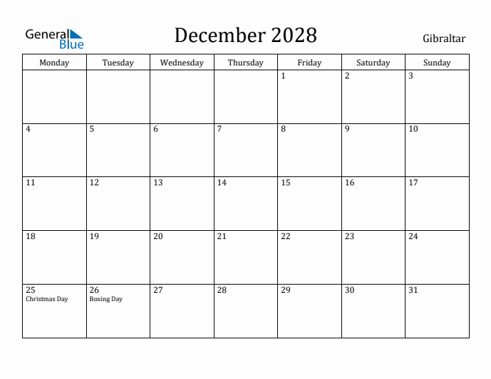 December 2028 Calendar Gibraltar