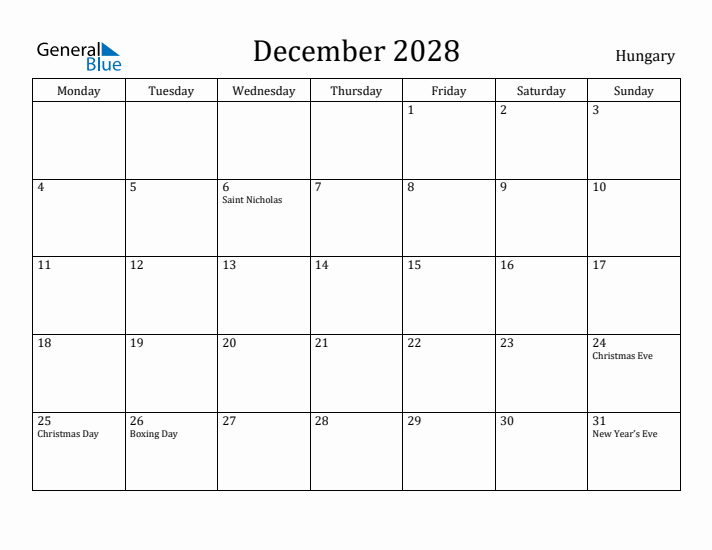 December 2028 Calendar Hungary