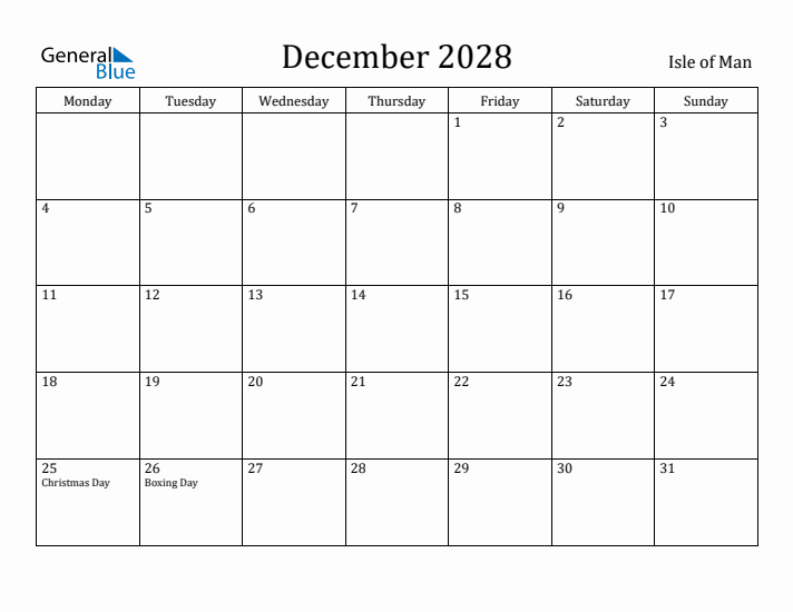 December 2028 Calendar Isle of Man