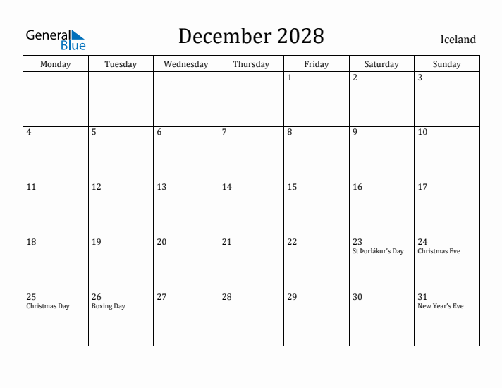 December 2028 Calendar Iceland