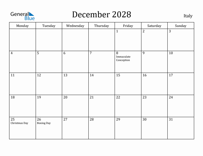 December 2028 Calendar Italy