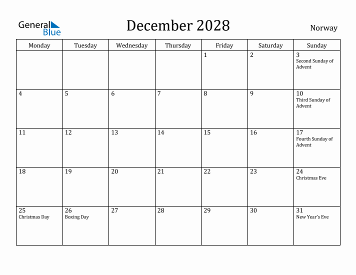 December 2028 Calendar Norway