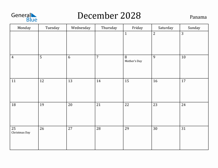 December 2028 Calendar Panama