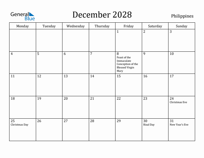 December 2028 Calendar Philippines