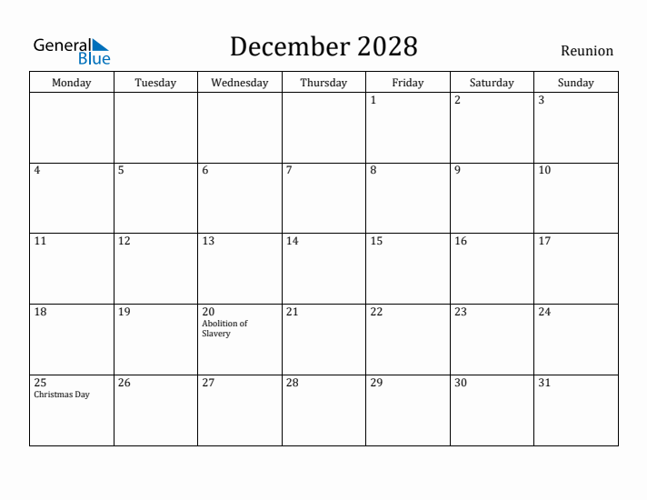 December 2028 Calendar Reunion