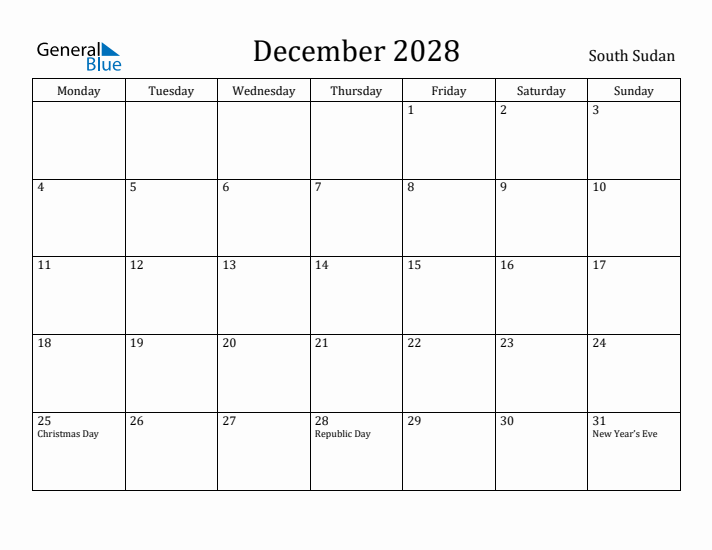 December 2028 Calendar South Sudan