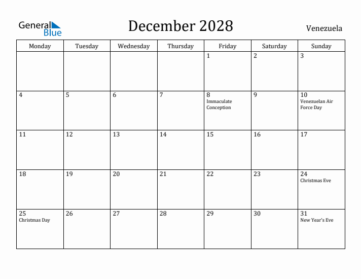 December 2028 Calendar Venezuela