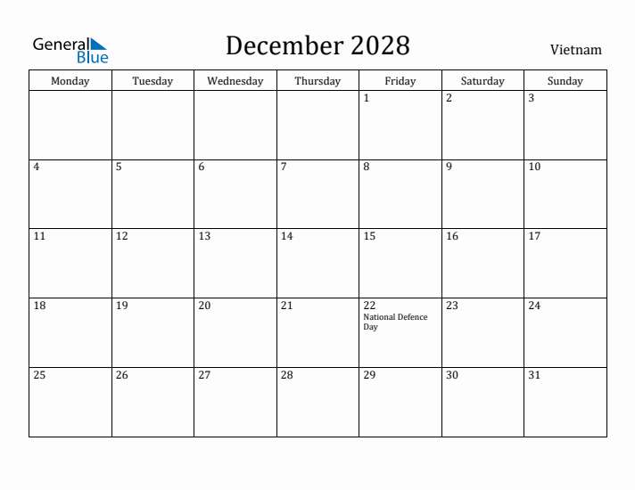 December 2028 Calendar Vietnam