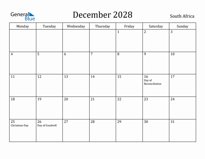 December 2028 Calendar South Africa