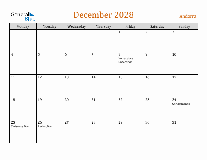 December 2028 Holiday Calendar with Monday Start