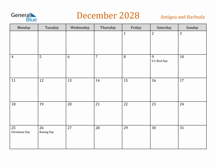 December 2028 Holiday Calendar with Monday Start