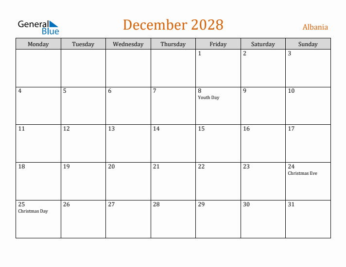 December 2028 Holiday Calendar with Monday Start