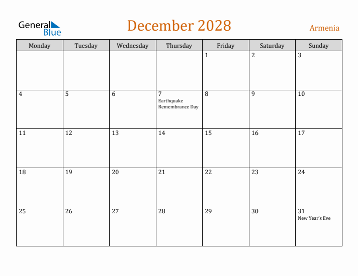 December 2028 Holiday Calendar with Monday Start