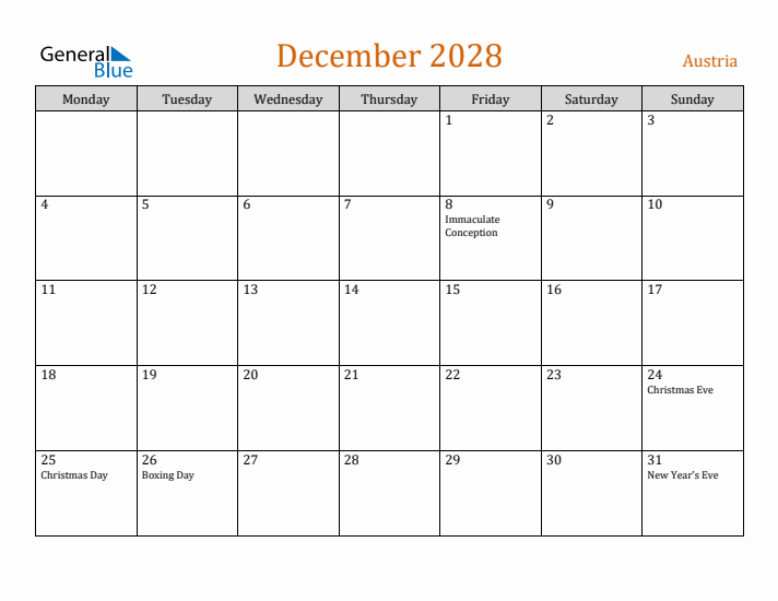 December 2028 Holiday Calendar with Monday Start