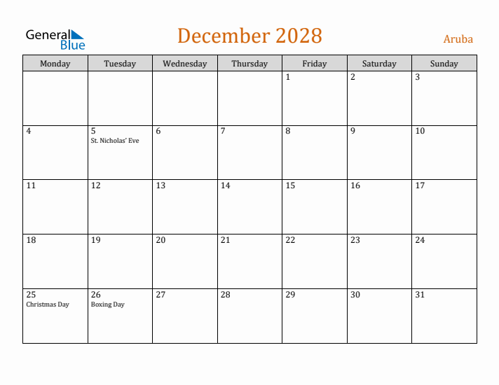 December 2028 Holiday Calendar with Monday Start