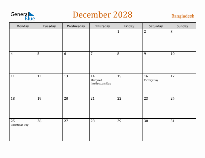 December 2028 Holiday Calendar with Monday Start