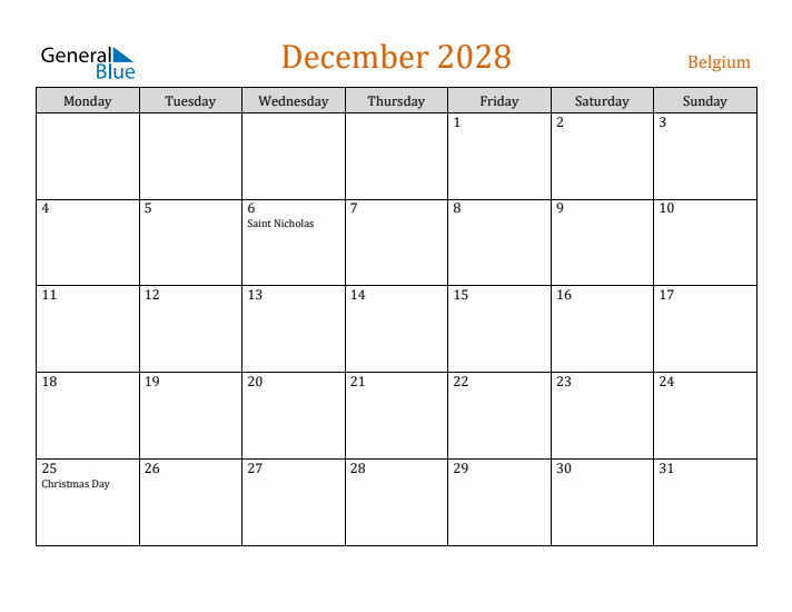 December 2028 Holiday Calendar with Monday Start