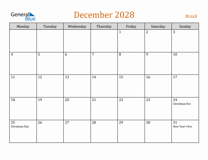 December 2028 Holiday Calendar with Monday Start