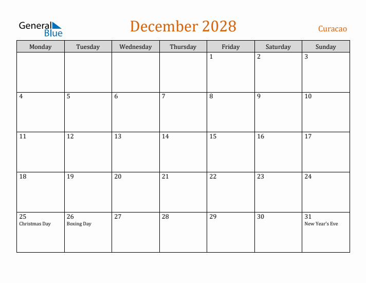 December 2028 Holiday Calendar with Monday Start