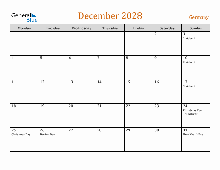 December 2028 Holiday Calendar with Monday Start