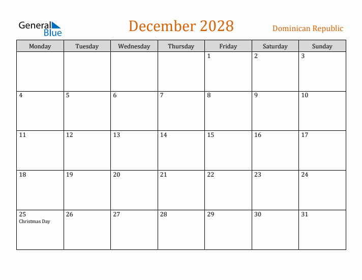 December 2028 Holiday Calendar with Monday Start