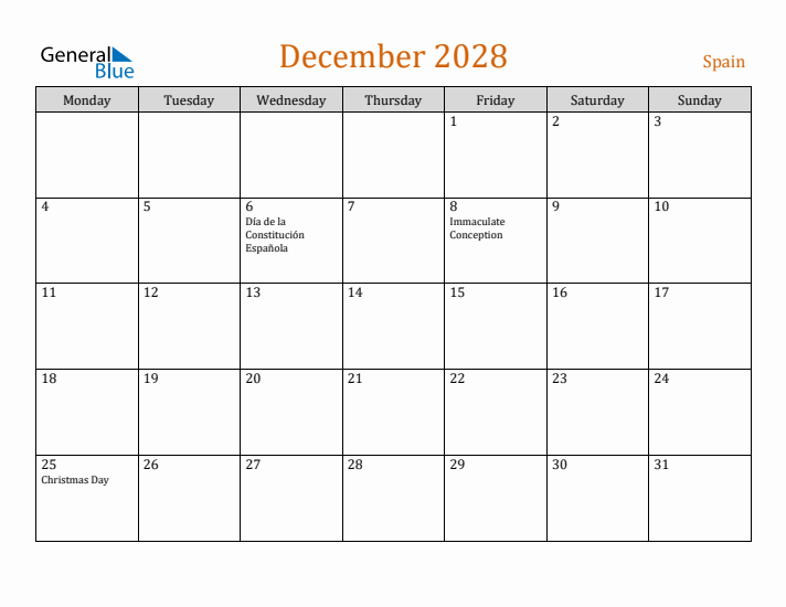 December 2028 Holiday Calendar with Monday Start