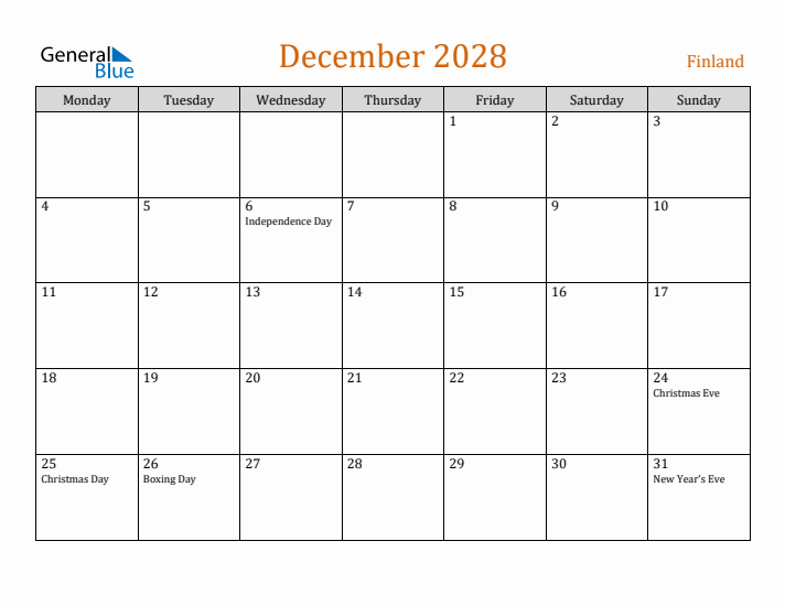 December 2028 Holiday Calendar with Monday Start