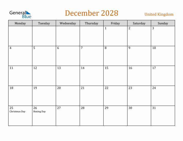 December 2028 Holiday Calendar with Monday Start