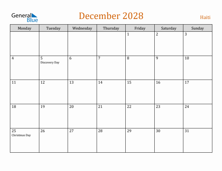 December 2028 Holiday Calendar with Monday Start