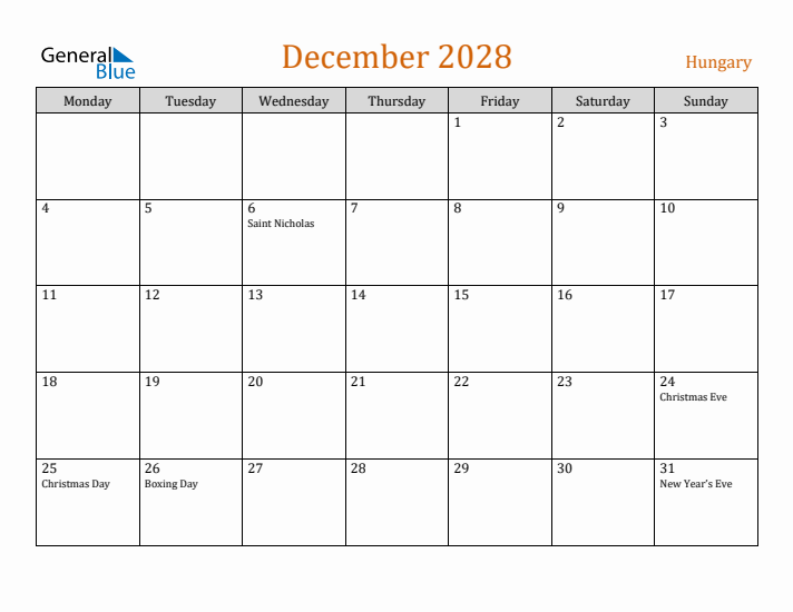 December 2028 Holiday Calendar with Monday Start