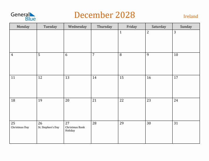 December 2028 Holiday Calendar with Monday Start