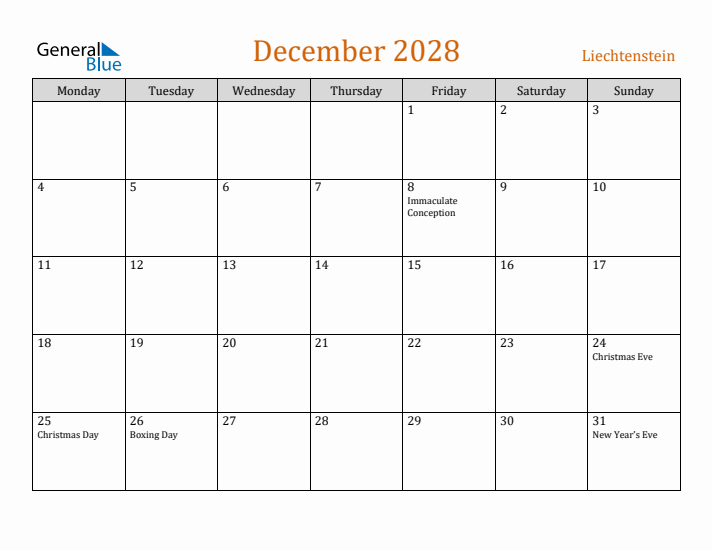 December 2028 Holiday Calendar with Monday Start