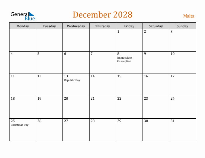 December 2028 Holiday Calendar with Monday Start