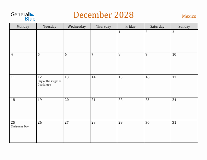 December 2028 Holiday Calendar with Monday Start